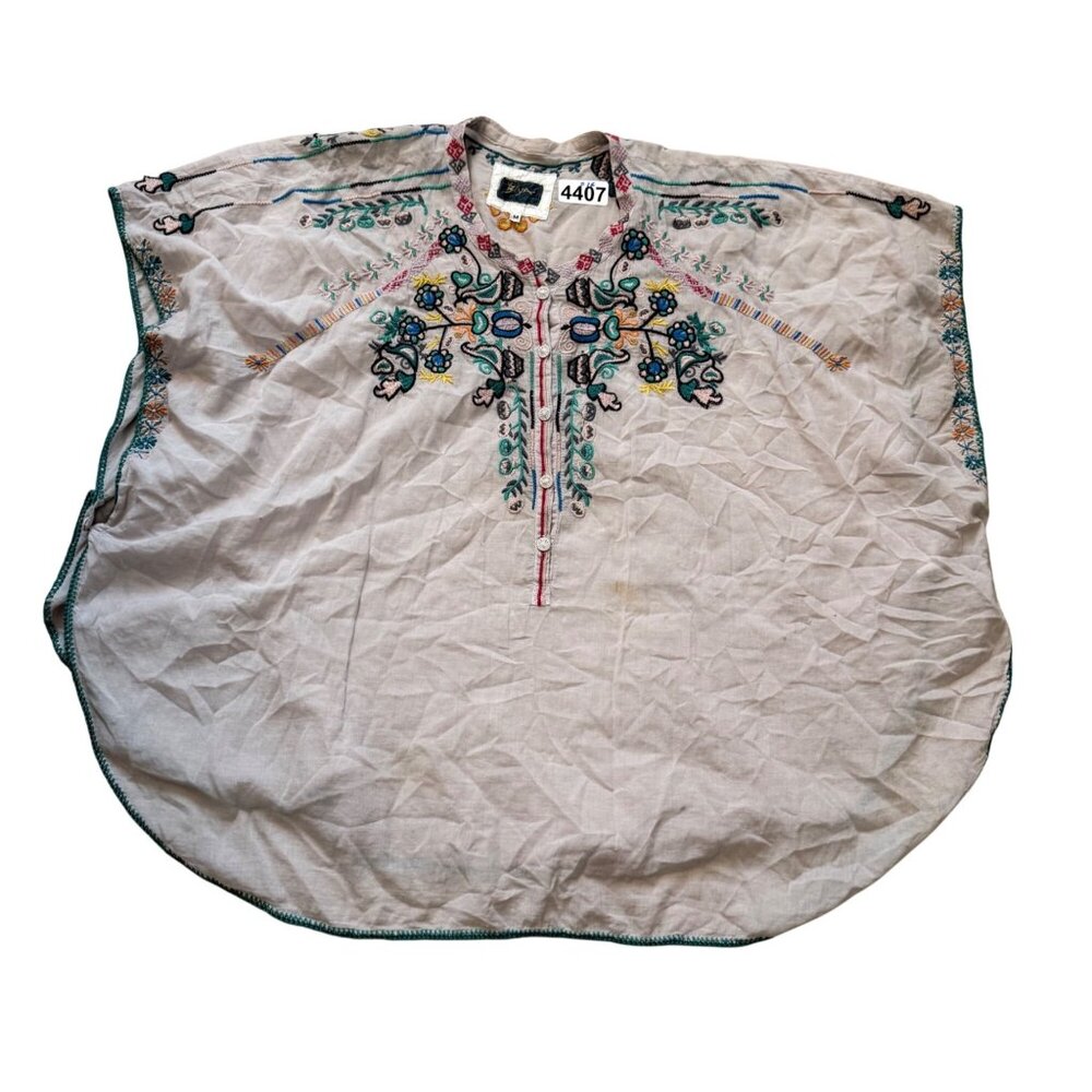 BIYA Johnny Was Women's Poncho Tunic Top Sz M Gray Embroidered Floral Oversized